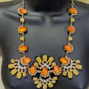 J.CREW STATEMENT BIB NECKLACE ORANGE YELLOW CLEAR RHINESTONES GOLD TONE